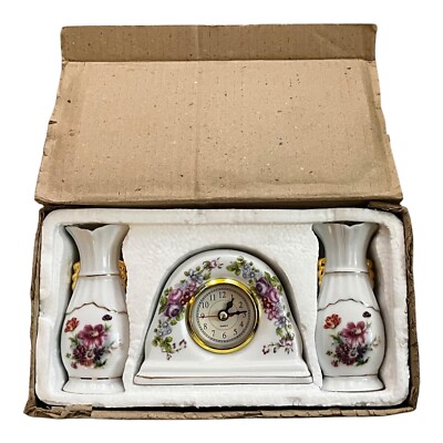 Vintage White Ceramic Floral Quartz Clock 3.75  X 5  Two Matching Vases 4.75 