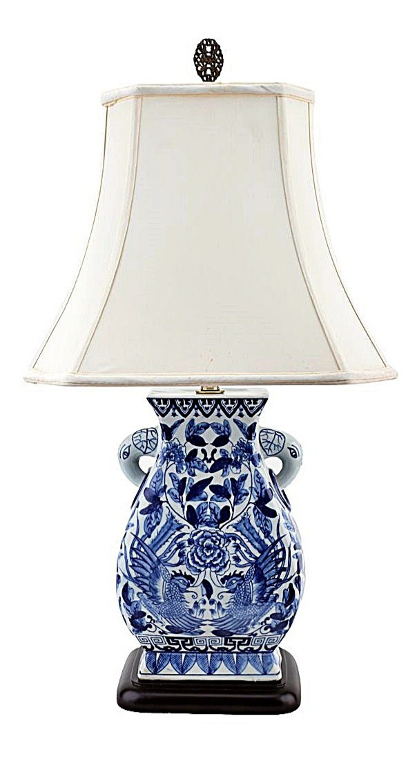 Blue, White Baluster Chinoiserie Lamp. Hand Painted. With Lampshade