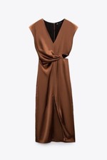 Zara Brown Silky Satin Cut Out Midi Dress Side Split Size S New Bloggers Fave