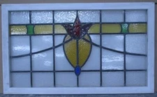 OLD ENGLISH LEADED STAINED GLASS WINDOW TRANSOM PRETTY FLORAL 34 3/4" x 20 3/4"