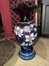 Fenton MULBERRY Glass Vase 50th Anniversary Hand Painted Vintage SIGNED