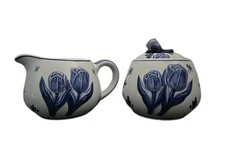 Vintage Handpainted DELFT & BLAUW #460-461 Sugar & Creamer Blue Pottery, Holland