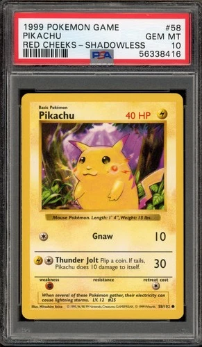 Pokemon Pikachu Base Set Shadowless Red Cheeks #58 PSA 10 Gem Mint