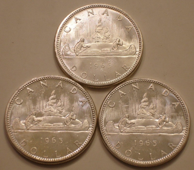 (3) 1965 Small Beads Pointed 5 SILVER Dollars of Canada 1.8 troy oz ASW Gem BU