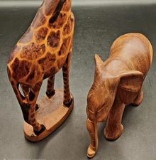 Vintage Hand-Carved Wooden Giraffe & Elephant Set Kenya Safari Animals 12"...