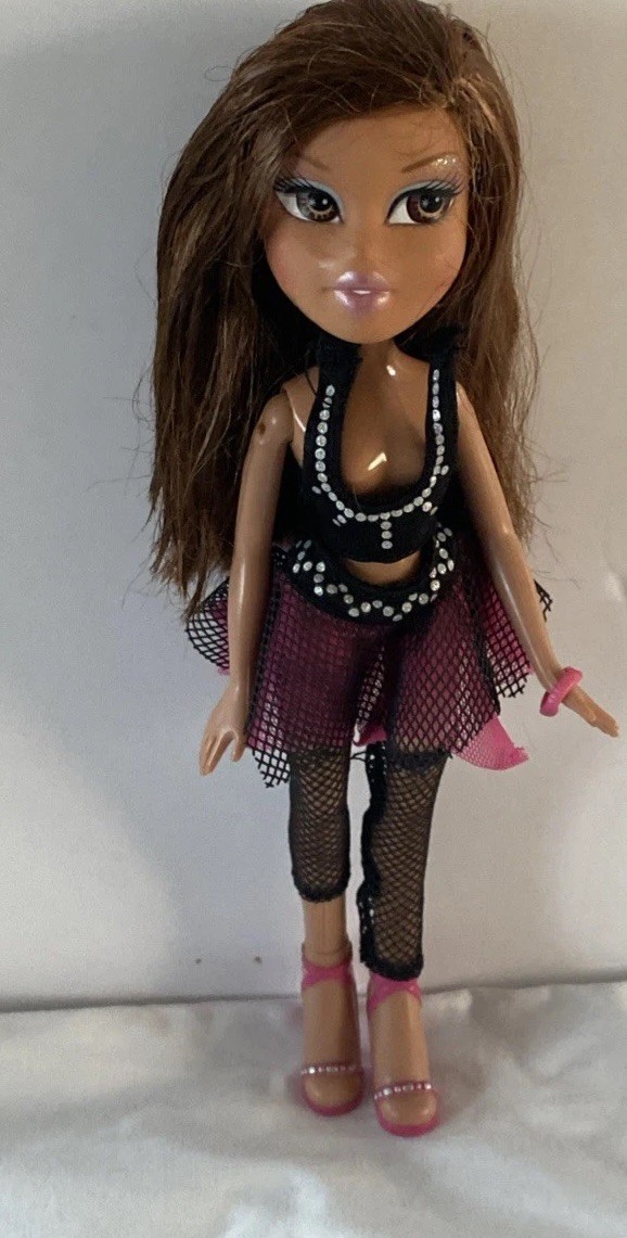 Bratz Yasmin Doll Brown Hair Pink Black Outfit Heels Fishnet Style Clothes