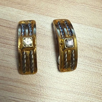 Vintage Gold Silver Two Tone Cable Rope Rhinestone Clip On Earrings Mixed Metal