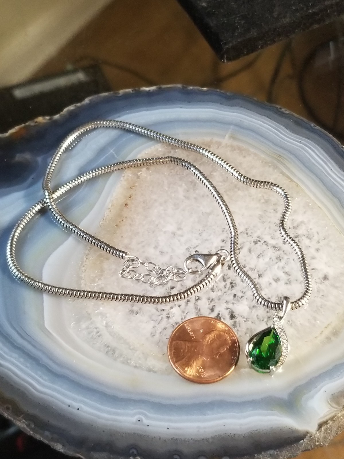 Solid Sterling Silver Green Rhinestone Pendant Ne… - image 7