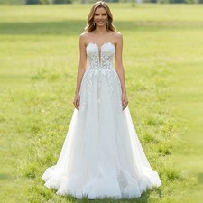3D Flower Wedding Dresses Strapless Lace Applique A Line Sweep Train bridal Gown