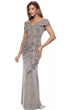 XSCAPE Womens cascade Metallic Off Shoulder Ruffle Front Gown Formal Dress 10