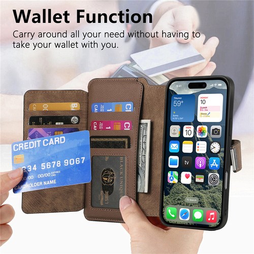 Detachable Leather Case ZIP Wallet Cover For iPhone 16e 16 15 14 13 11 Pro Max - Picture 62 of 84