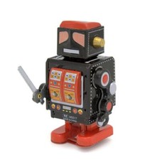 MARCHING ROBOT w SWORD 4" Black Red Wind Up Tin Toy Collectible Retro MS517