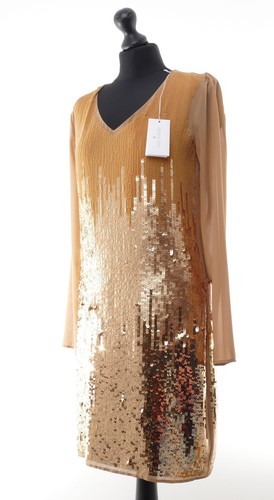 Patrizia Pepe Shift Dress 38 Gold Sequins With Undergarment Midi New Chiffon - Picture 4 of 7