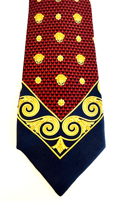 GIANNI VERACE 1990's BAROQUE V GOLD MEDUSA DEEP RED-NAVY BLUE NECKTIE AUTHENTIC