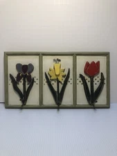Wooden Floral Wall Keyholder Organizer With 3 Keyhooks - Iris Daffodil Tulip
