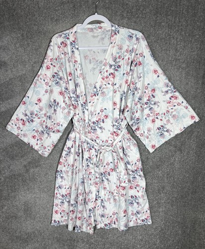 Garnet Hill Asian Wrap Organic Cotton Kimono Robe Womens Sz Large Floral Pockets