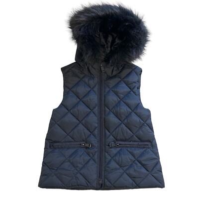 NWOT Zara Girl Navy Puffer Vest Hooded Detachable Faux Fur Trim 5-6