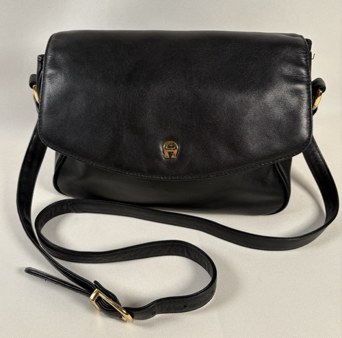 Vintage Etienne Aigner Purse Black Leather Shoulder Crossbody Bag 6 Compartments - Bild 3 von 22