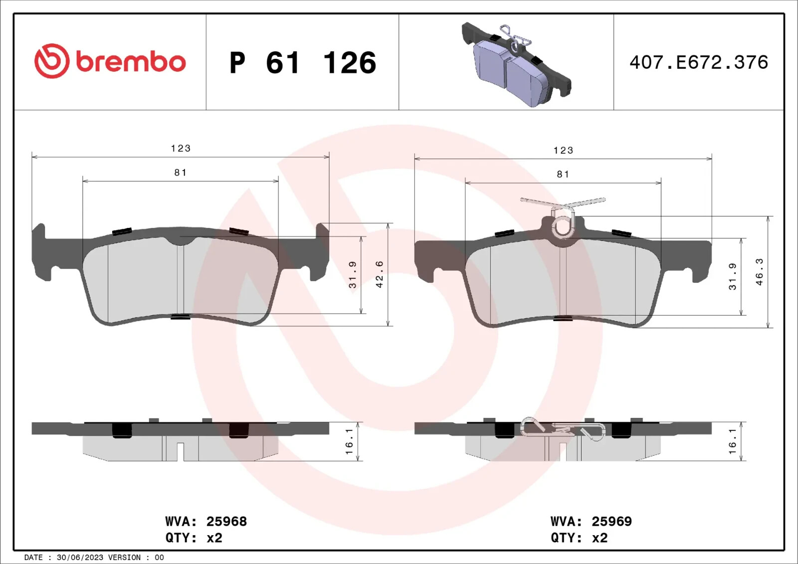 Plaquettes de freins Brembo P 61 126 arrière en composite premium anti-usure