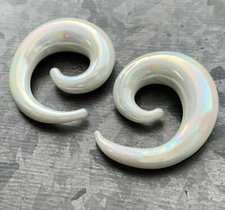 PAIR White Lucifer Glass Spiral Tapers Expanders Plugs Gauges Body Jewelry 
