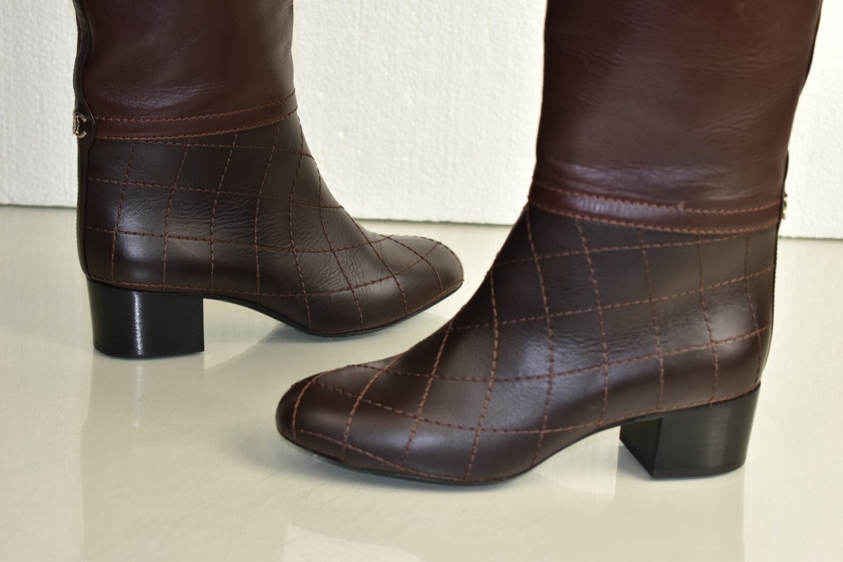 $2295 NEW CHANEL Bordeaux Brown Leather Quilted High BOOTS SHOES