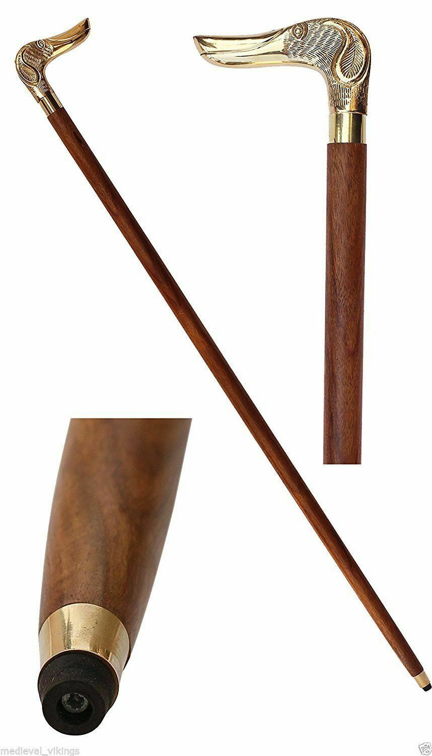 Brass Dog Head Handle Walking Stick Vintage Wooden Ca… Gem