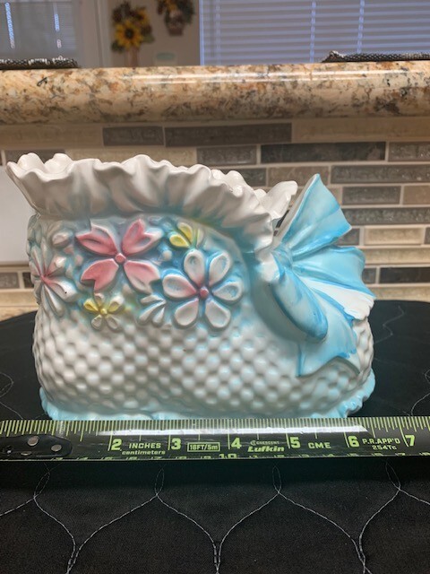 Vintage Napcoware  Baby Planter Bootie Shoe Ruffled Ceramic Blue Bow