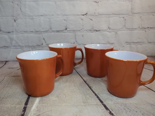 Vintage PYREX Corning Burnt Orange Coffee Mugs/Cups set of 4 Made in USA 