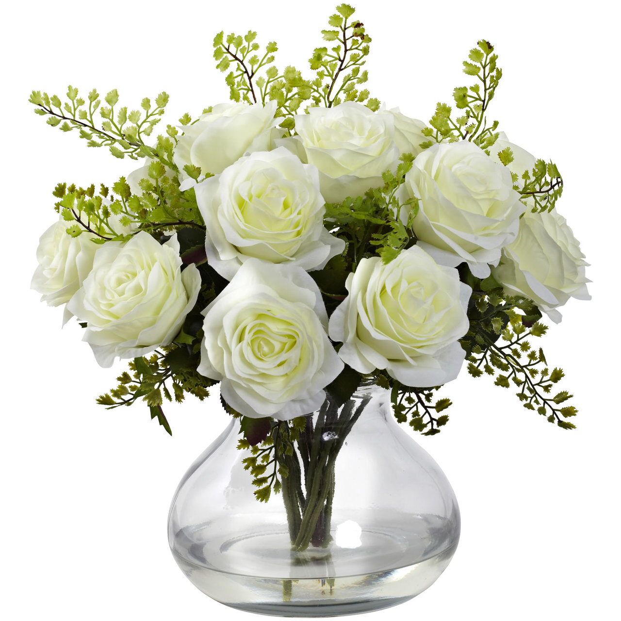 White Rose & Maidenhair Fern Silk Floral Arrangement