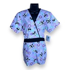 NEW ADAR MEDOUM SCRUBS TOP BELTED SHORT SLEEVE FLORAL PANDS PURPLE COLORFUL
