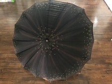 Vintage BLACK FABRIC SILK Parasol Umbrella w/ Wood Carved DOG HEAD Handle