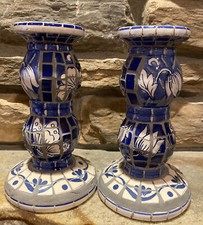 Beautiful Cobalt Blue & White Mosaic Tile Pedestal Candle Holder 7.25”