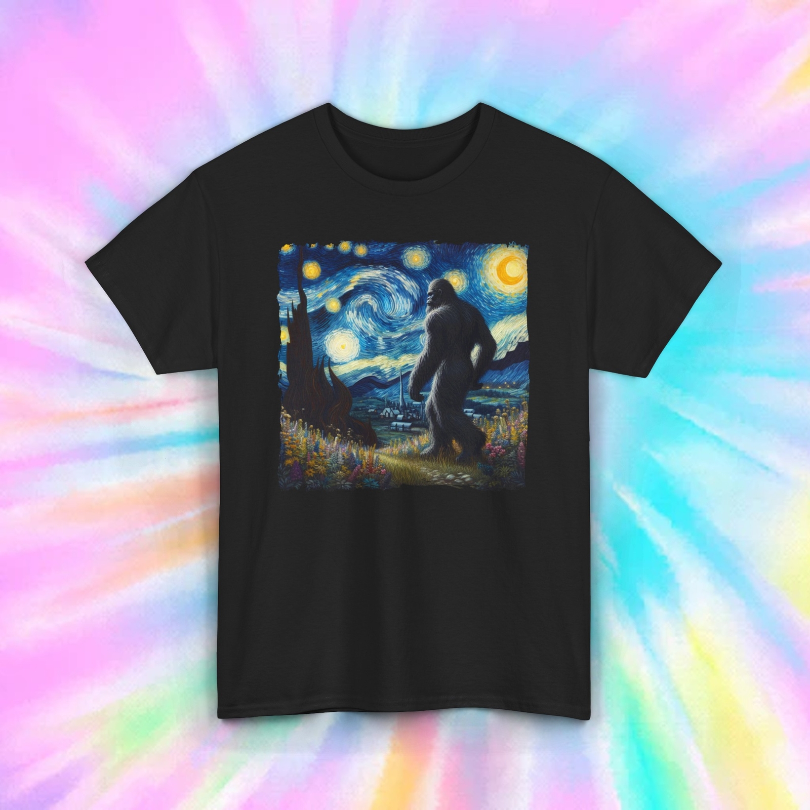 Bigfoot Starry Night T-Shirt | Funny Sasquatch Van Gogh Parody Tee S-5XL