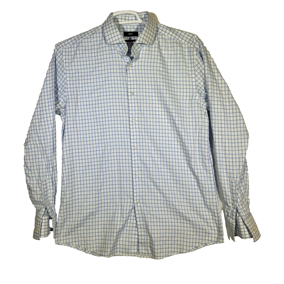 Hugo Boss Mens Slim Fit Dress Shirt Size 17 Blue & White Check French Cuff