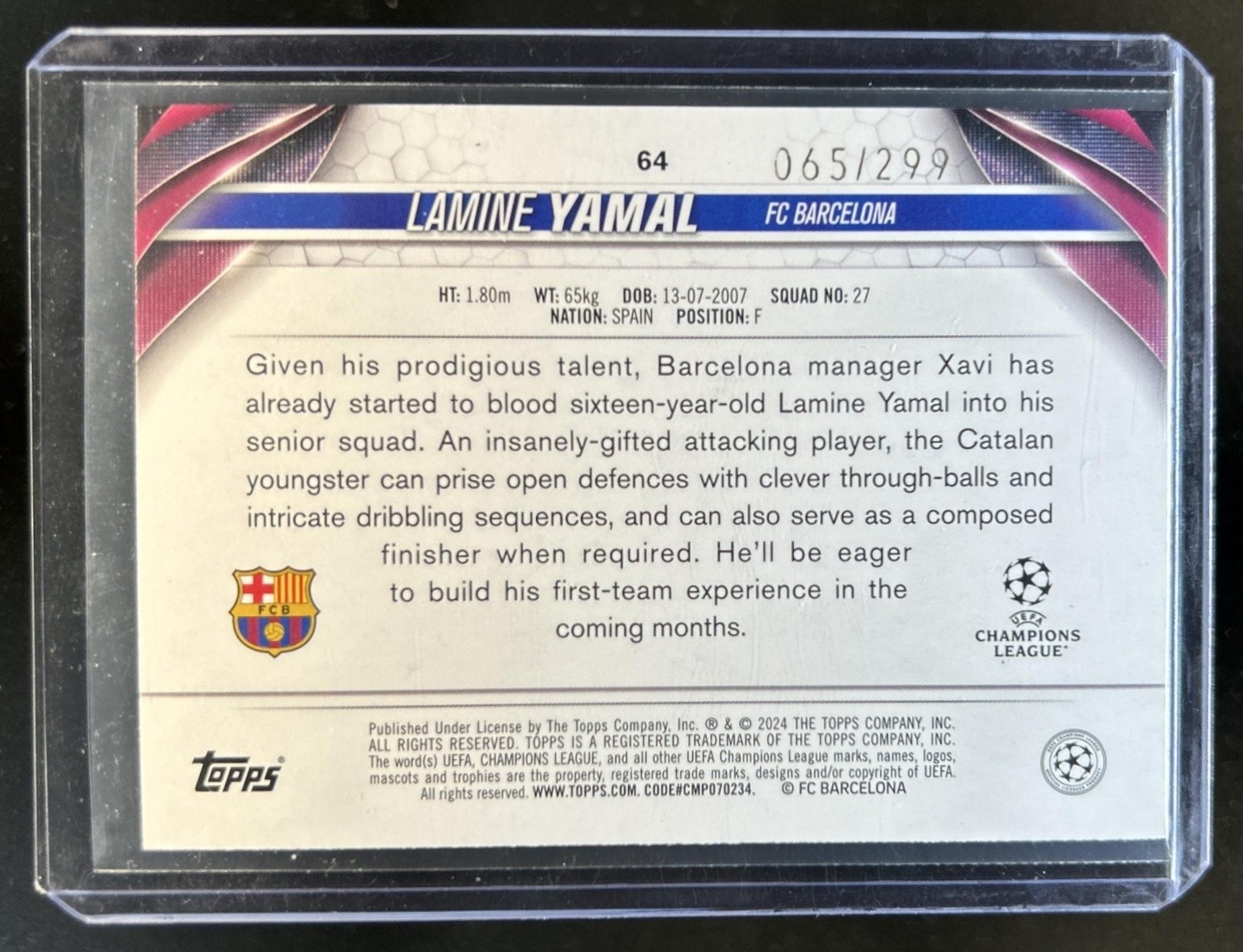 2023-24 Topps UEFA Lamine Yamal RC Purple Foilboard Rookie #/299 Barcelona view 2