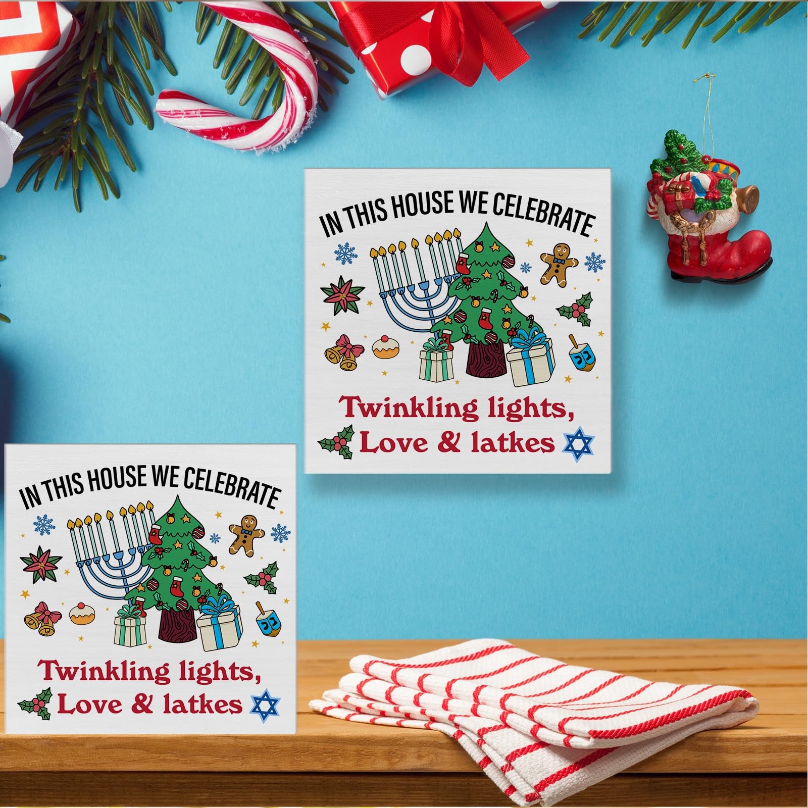 Best Hanukkah Christmas Wood Box Sign Decor Chrismukkah Jewish Block Home Table