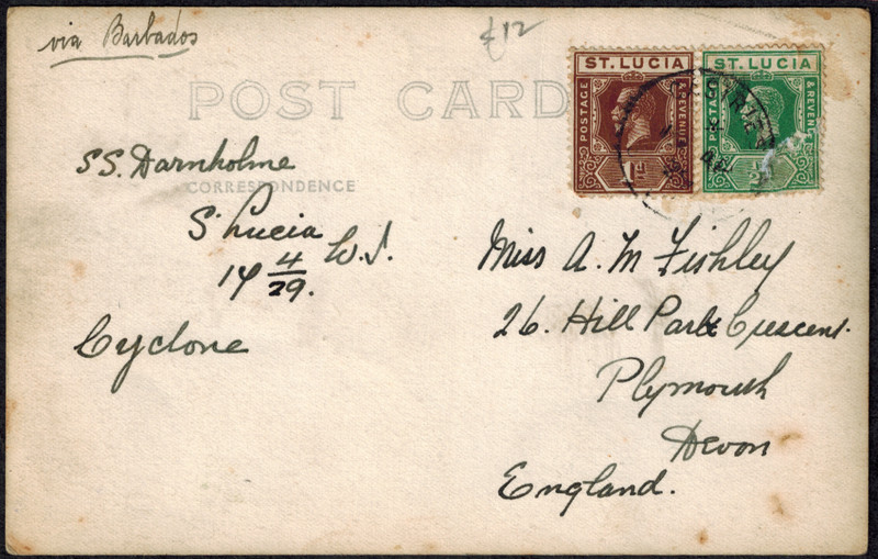 St. Lucia 1929 Picture Postcard Castries to Plymouth, GB w/ S.S. Darnholme
