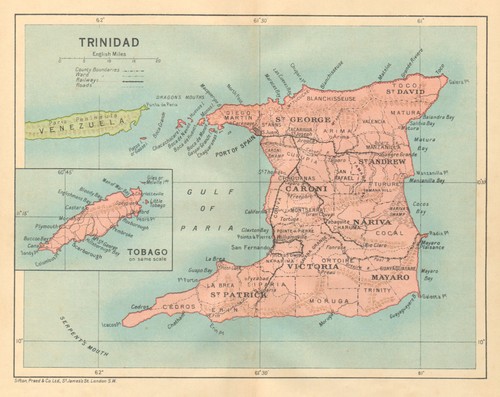 TRINIDAD. Vintage map. West Indies. Caribbean 1935 old vintage plan chart