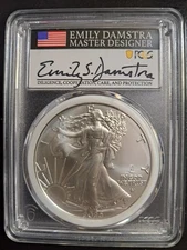 2025-(P) SILVER EAGLE PRIVY PCGS MS70 FIRST DAY ISSUE EMILY DAMSTRA SIGNED MDS 