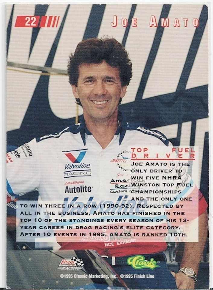 JOE AMATO signed 1995 FINISH LINE trading card NHRA #22 - Image 2 of 2