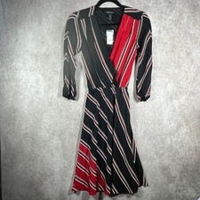 White House Black Market Dress Womens 00 Black Red Striped Silk Faux Wrap NEW
