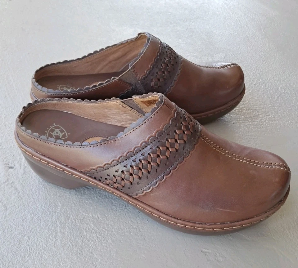 Zuecos mules de cuero/tejido ARIAT para mujer talla 11 B marrón sin cordones en el tacón Foto 2 de 4