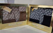 MICHAEL KORS 3 Pcs Set Scarf, Beanie Hat, Gloves, Logo Black or Brown 148 NWT