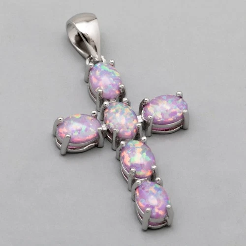 Latin Cross Lavender Purple Fire Opal Cabochon Silver Jewelry Necklace Pendant