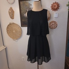 BCBGeneration 0 Black Chiffon Lace Open Back Fit and Flare Dress Cocktail Date