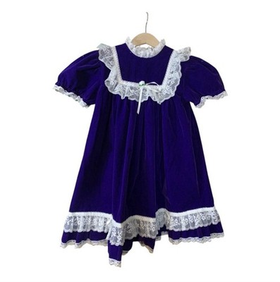 Vintage Dress Kids Party Lace Ruffles Purple Velvet 1980s USA Made 6X