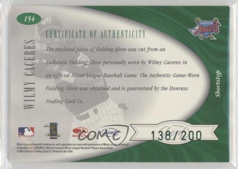 2001 Leaf Certified Materials Freshman Fabric /200 Wilmy Caceres #154 Rookie RC - Image 2 of 2