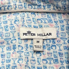 Peter Millar Mens Medium Cocktail Print Linen Blend Button Down Shirt Blue Pink