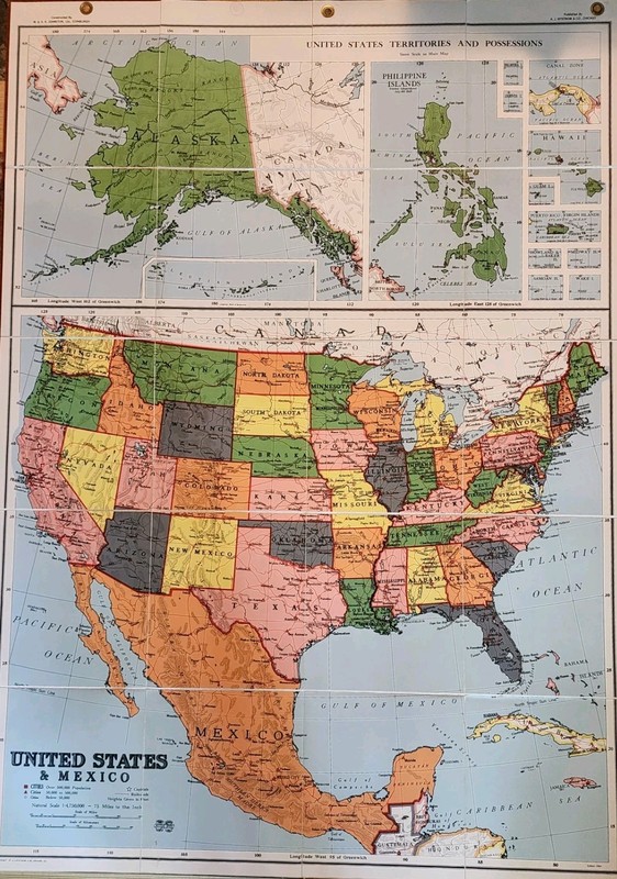 1954 Edition A.J. Nystrom United States & Mexico Folding Map 55" by 40" - Canvas