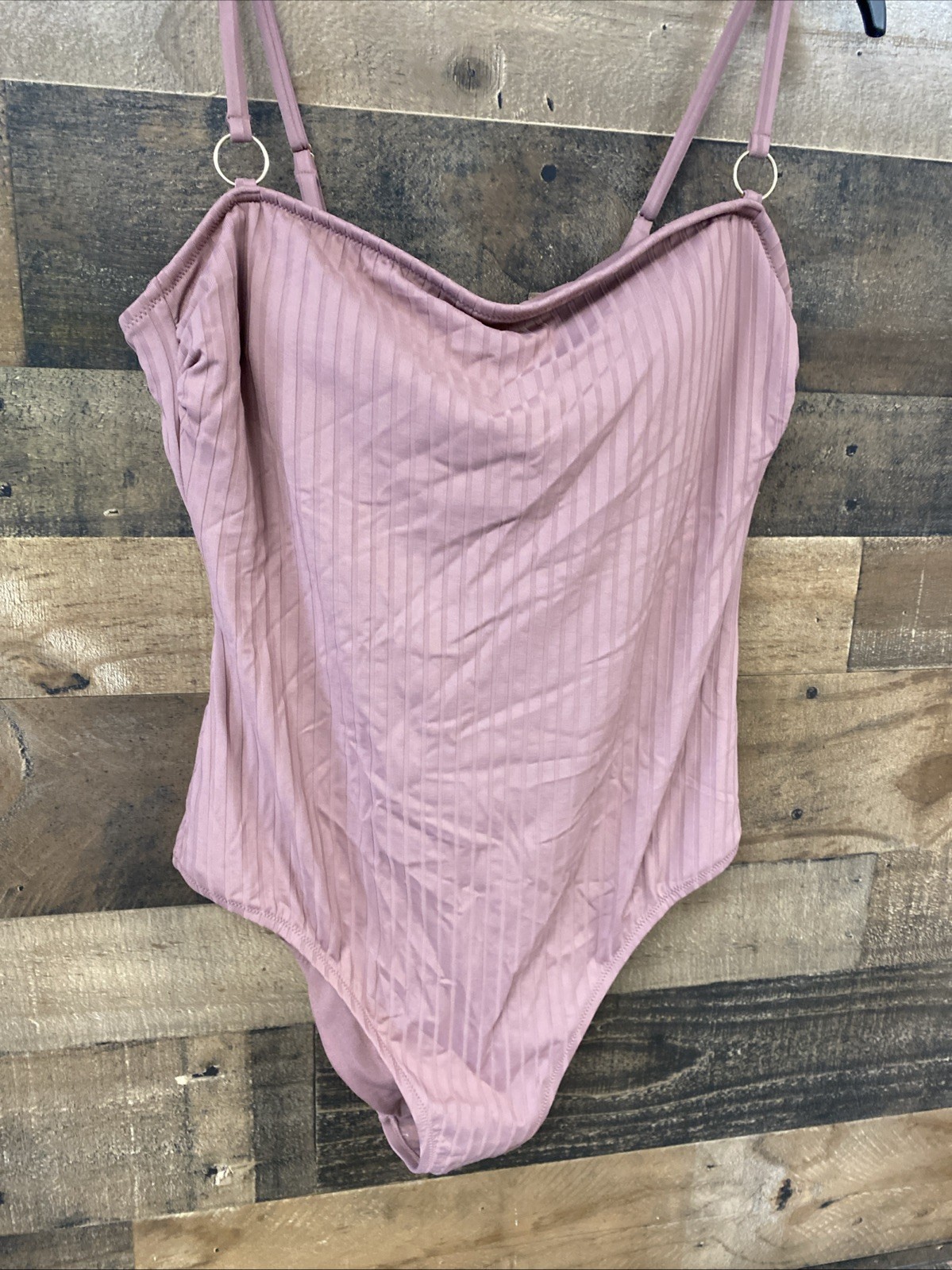 Shade & Shore Womens One Piece Ribbed Bandeau Swimsuit Mauve Purple Size L 12-14